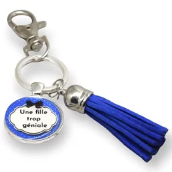 Porte-clés pompon bleu une fille trop géniale
